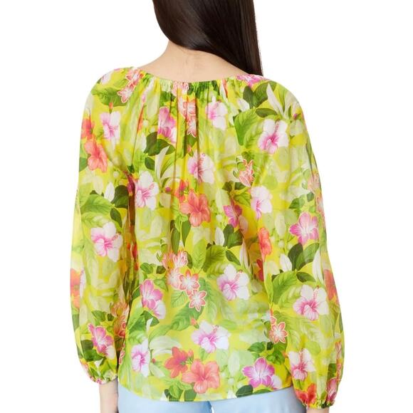NEW Tommy Bahama Happy Hour Flower Peasant Silk/Cotton Top XS, Green Pink - Picture 3 of 6